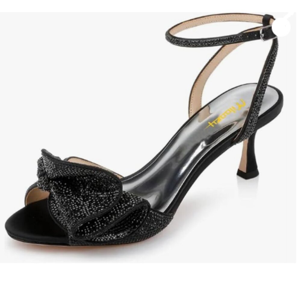 Milooey shoes Black Glitter Rhinestone Bow Crystal Ankle Strap Mid Heels Sandal